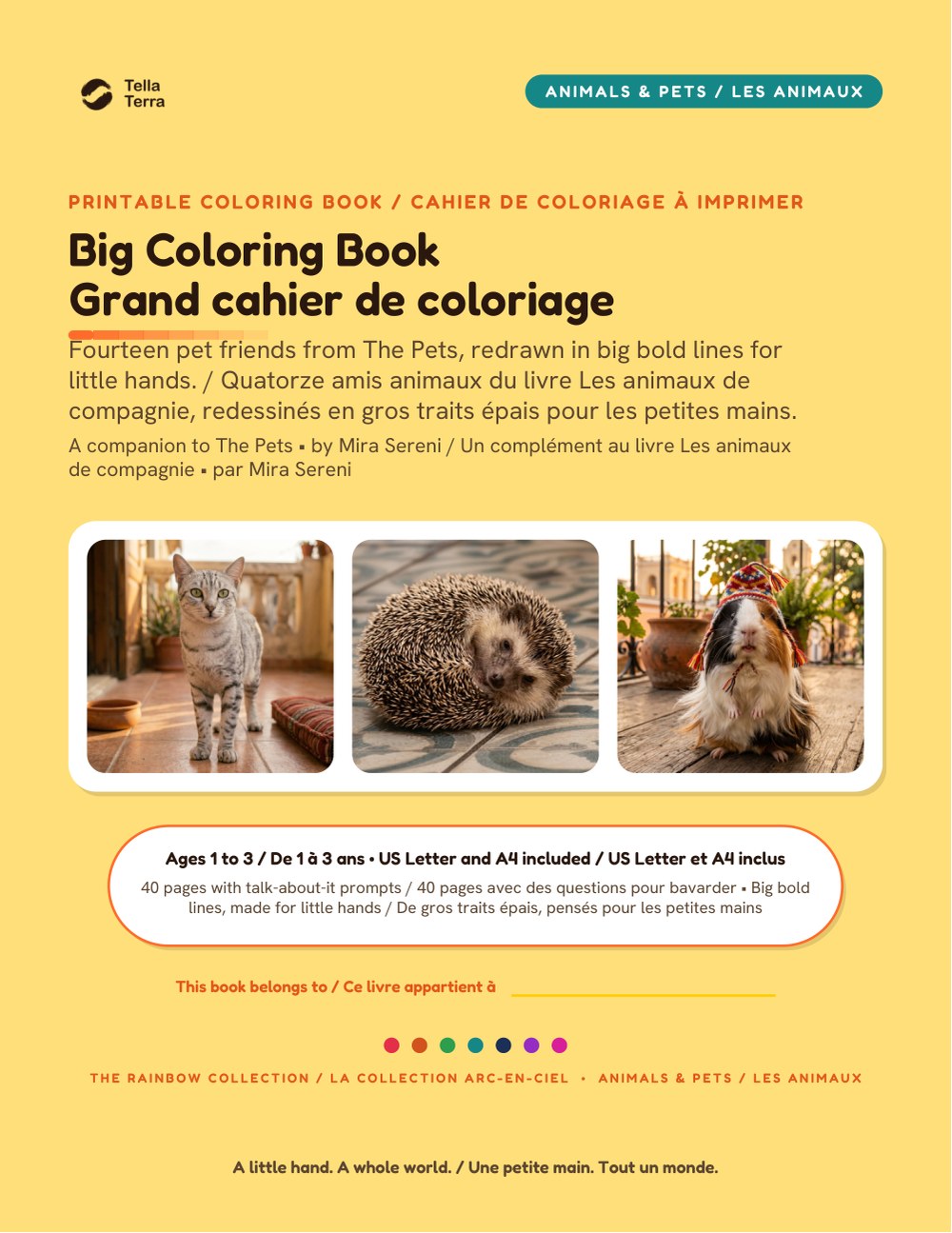 Cover of the Big Coloring Book, bilingual English and French edition, Tella Terra: The Pets