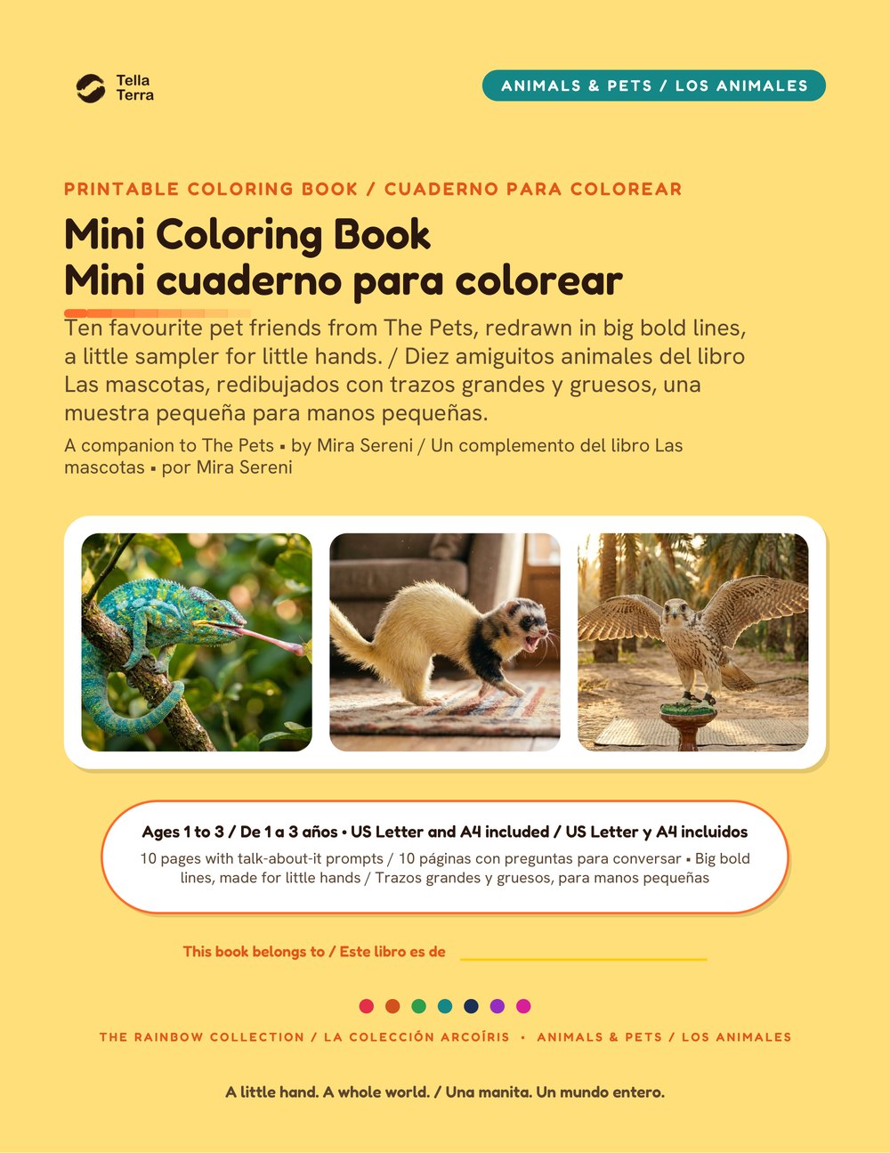 Cover of the Mini Coloring Book, bilingual English and Spanish edition, Tella Terra: The Pets