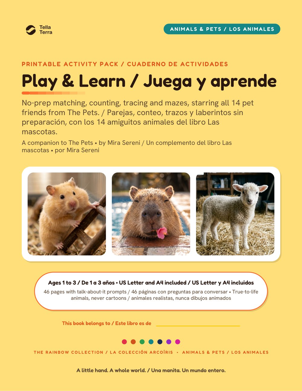 Cover of Play & Learn, bilingual English and Spanish edition, a Tella Terra: The Pets activity pack